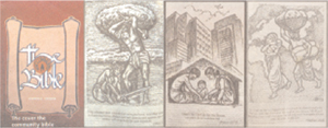 The cover of the Bible at the extreme left, and India-based illustrations from it