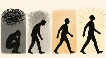 A symbolic illustration of the emotional journey through sobriety—showing a person moving from darkness to light, facing inner struggles, growth, and eventual empowerment