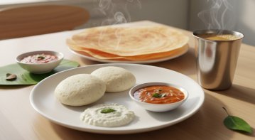 A beautifully plated traditional South Indian breakfast featuring idli, dosa, vada, and chutneys served with a modern twist on a clean, contemporary table setting