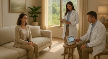 A serene, upscale mental health retreat: a patient seated on a couch in a spacious treatment room, while medical staff in white coats review notes and monitor wellness-equipment nearby — evoking the feel of a luxury clinic focused on holistic healing beyond traditional psychiatry.