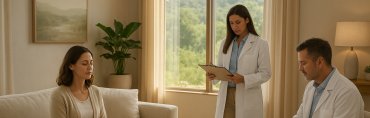 A serene, upscale mental health retreat: a patient seated on a couch in a spacious treatment room, while medical staff in white coats review notes and monitor wellness-equipment nearby — evoking the feel of a luxury clinic focused on holistic healing beyond traditional psychiatry.