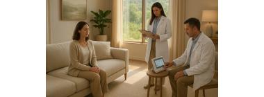 A serene, upscale mental health retreat: a patient seated on a couch in a spacious treatment room, while medical staff in white coats review notes and monitor wellness-equipment nearby — evoking the feel of a luxury clinic focused on holistic healing beyond traditional psychiatry.
