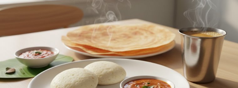 A beautifully plated traditional South Indian breakfast featuring idli, dosa, vada, and chutneys served with a modern twist on a clean, contemporary table setting