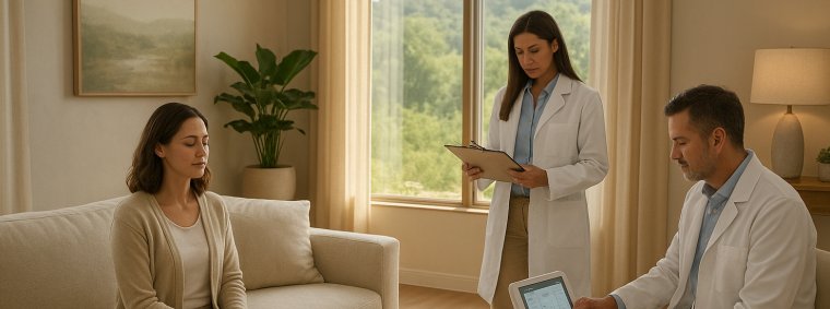 Holistic Mental Health Consultation at a Wellness Retreat A serene, upscale mental health retreat: a patient seated on a couch in a spacious treatment room, while medical staff in white coats review notes and monitor wellness-equipment nearby — evoking the feel of a luxury clinic focused on holistic healing beyond traditional psychiatry.